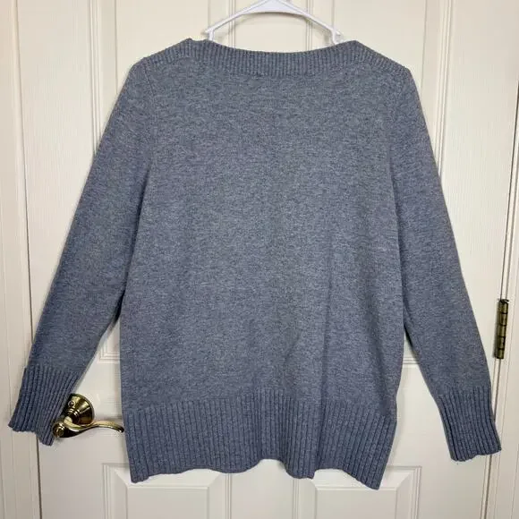 LOFT Gray Knit Sweater Button Cuff Long Sleeve Ribbed Hem Women’s Medium - Picture 2 of 7